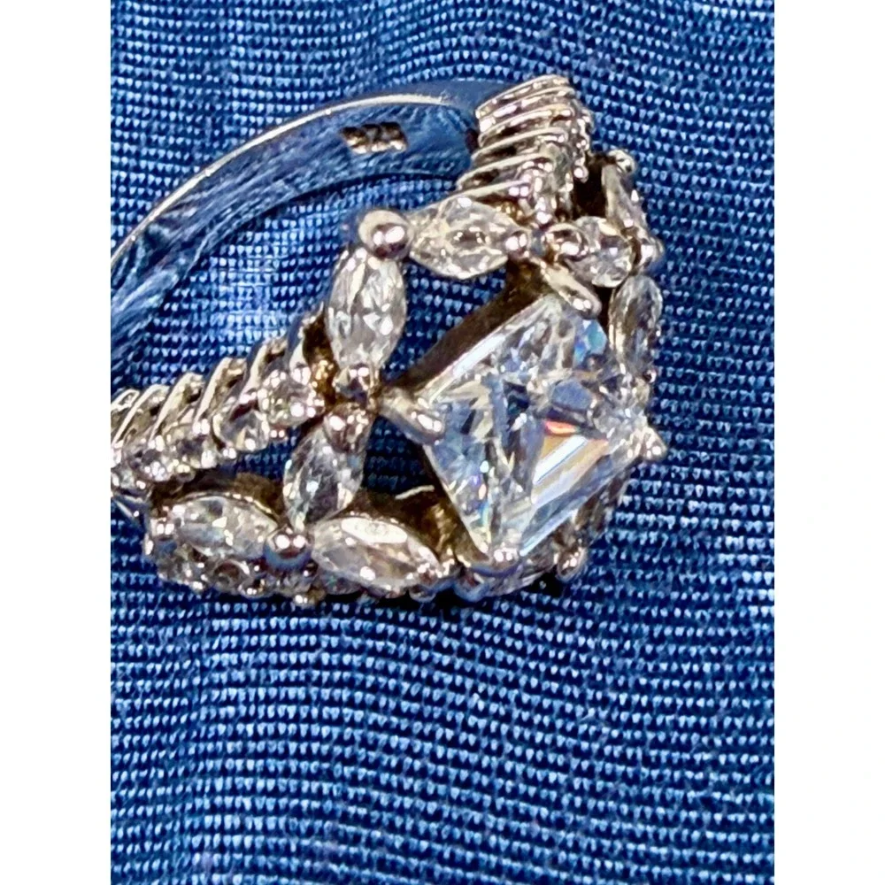 925 Sterling Silver Princess Cut Marquise CZ Statement Cocktail Ring Size 6 3/4